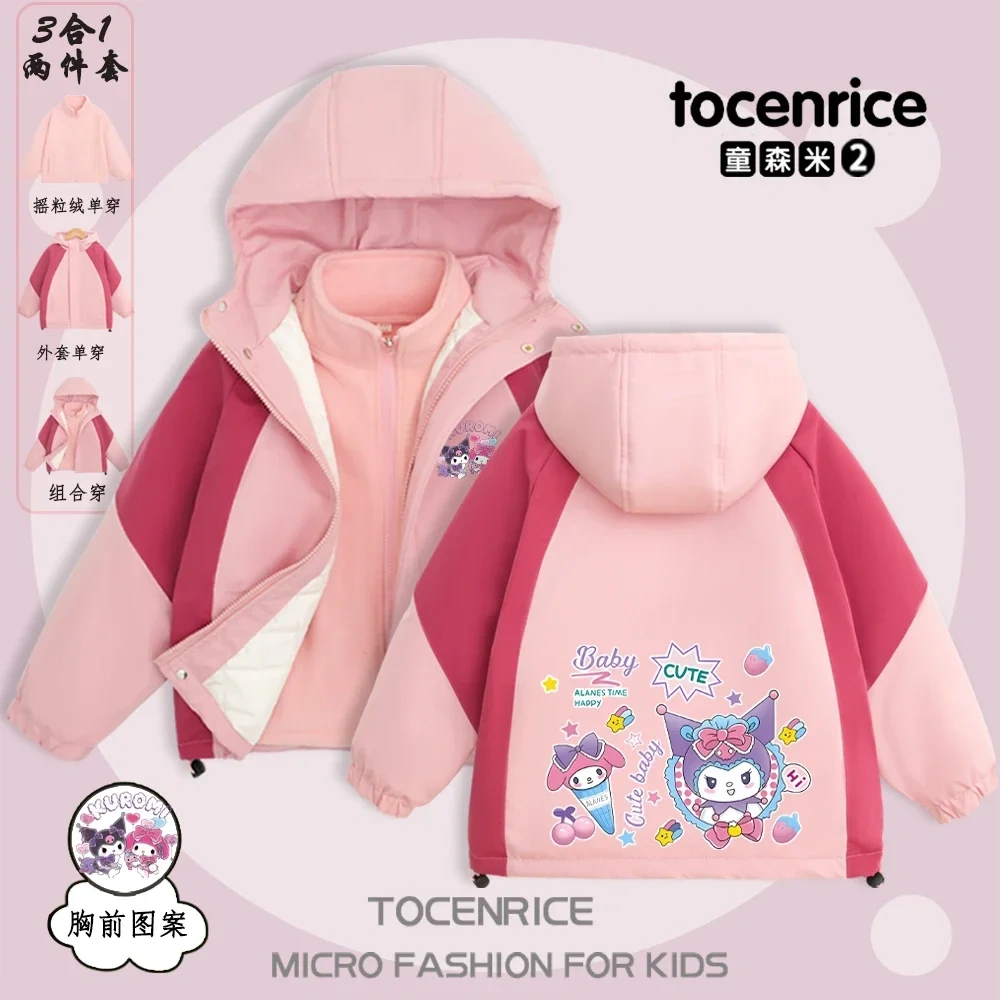 Cute Cartoon Kuromi Interchange Jacket 3-in-1 Winter Jacket Hooded Coat Boys Girls Blazer Windproof Sweet Coats Windbreaker