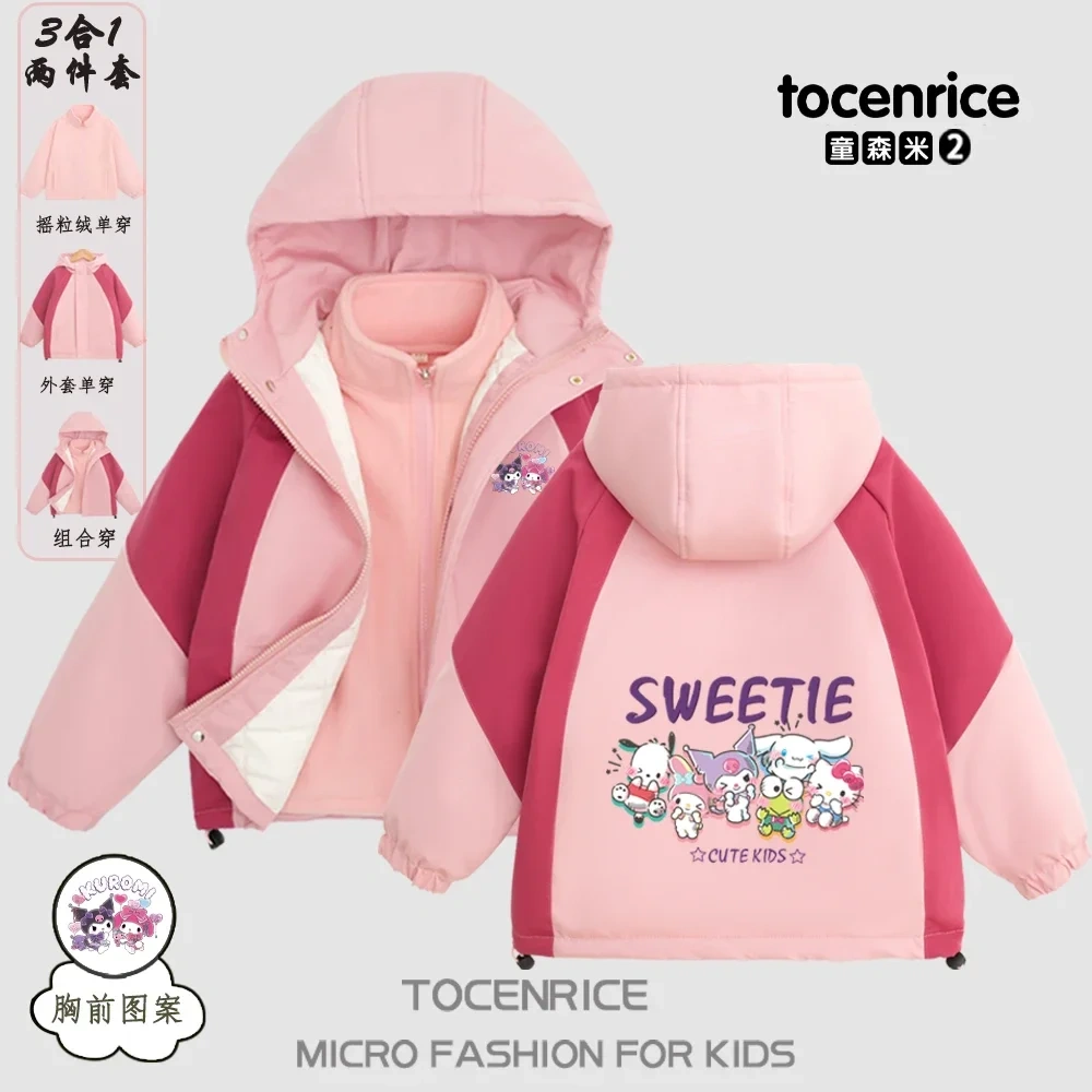 Cute Cartoon Kuromi Interchange Jacket 3-in-1 Winter Jacket Hooded Coat Boys Girls Blazer Windproof Sweet Coats Windbreaker