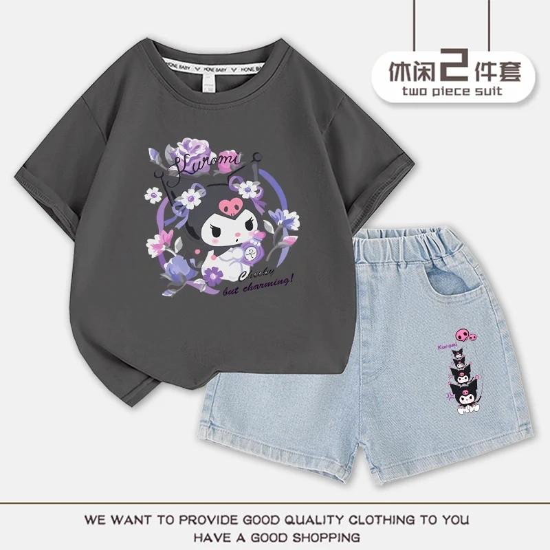 2023 Anime Kuromi Summer Children Suits Girls Short Sleeve Sets Baby T-Shirts+Shorts 2 Piece Gift Loose Casual Sleeve Shorts