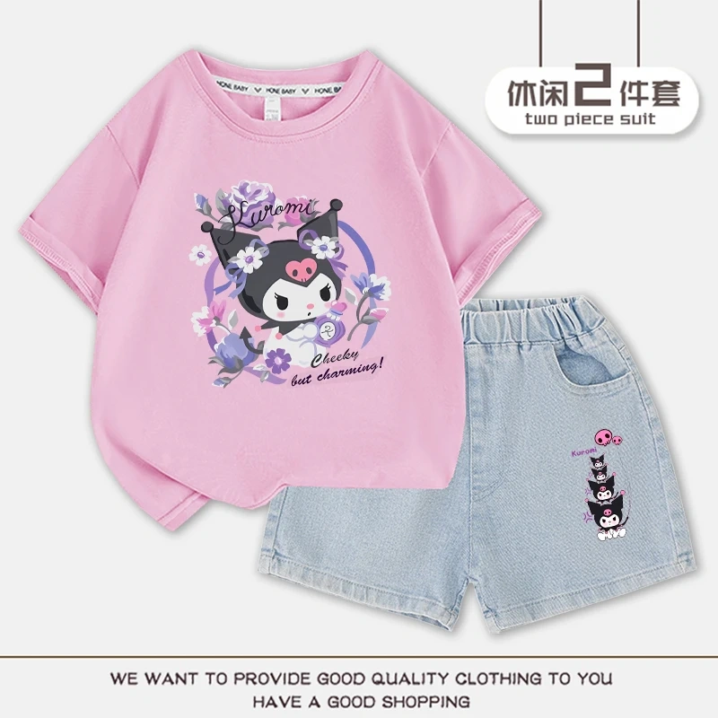 2023 Anime Kuromi Summer Children Suits Girls Short Sleeve Sets Baby T-Shirts+Shorts 2 Piece Gift Loose Casual Sleeve Shorts