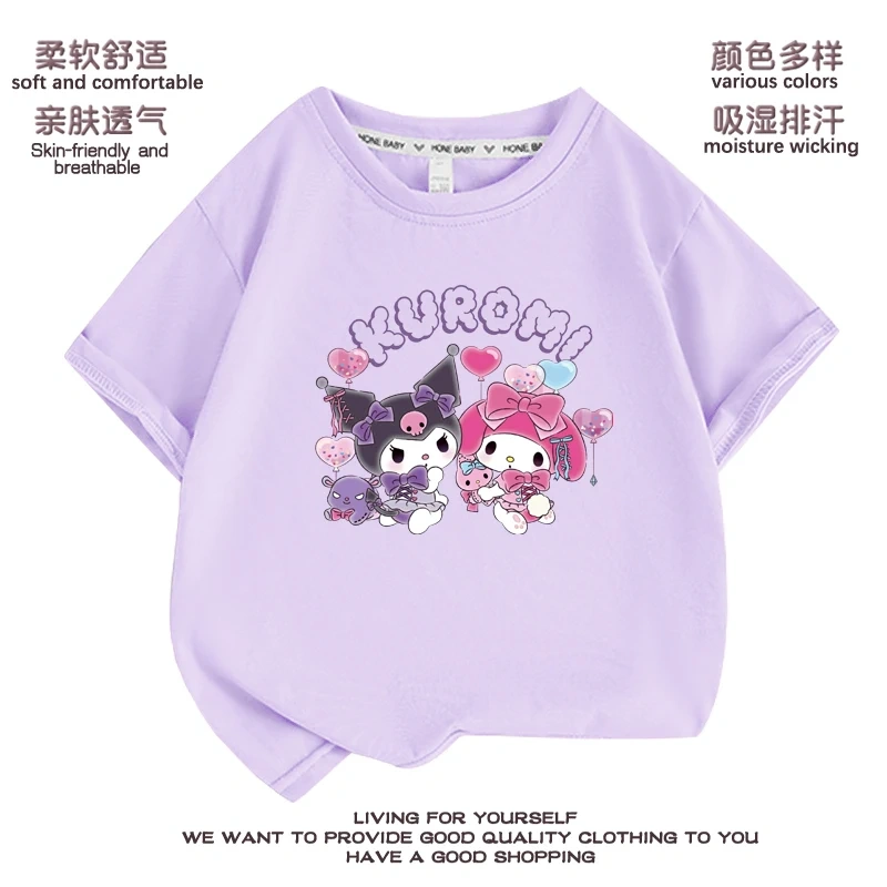 Anime Kuromi  Melody cartoon Summer Kids T-Shirt Kawaii Girls Tees Short Sleeve Boys Tops Casual Children Clothes