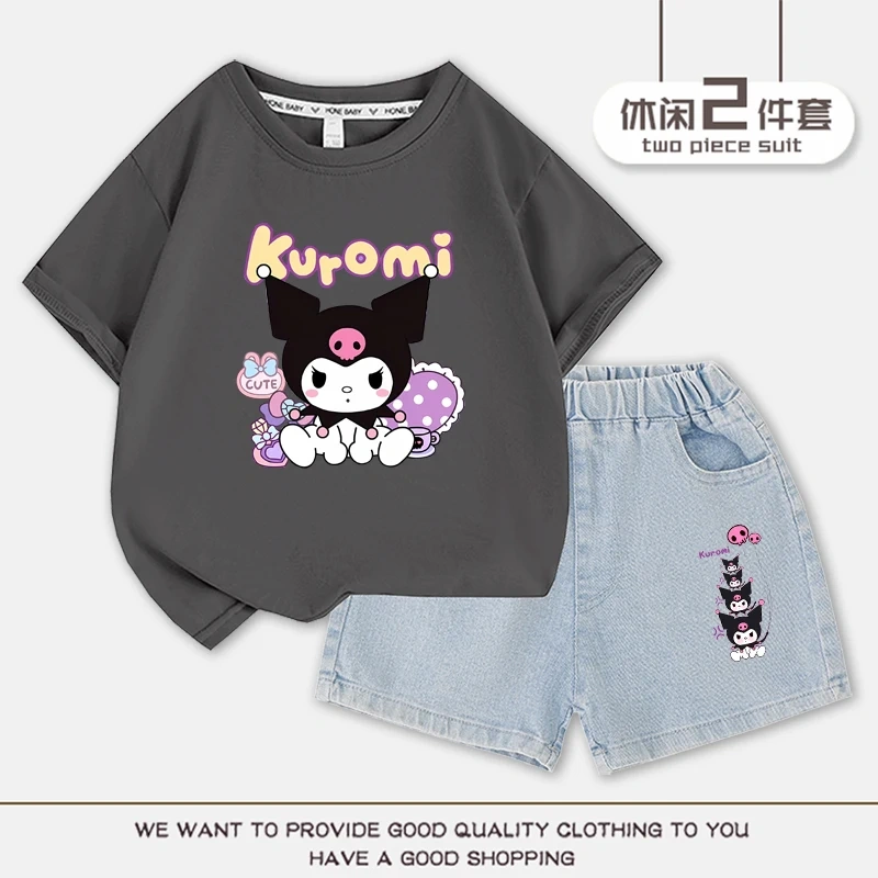 2023 Anime Kuromi Summer Children Suits Girls Short Sleeve Sets Baby T-Shirts+Shorts 2 Piece Gift Loose Casual Sleeve Shorts