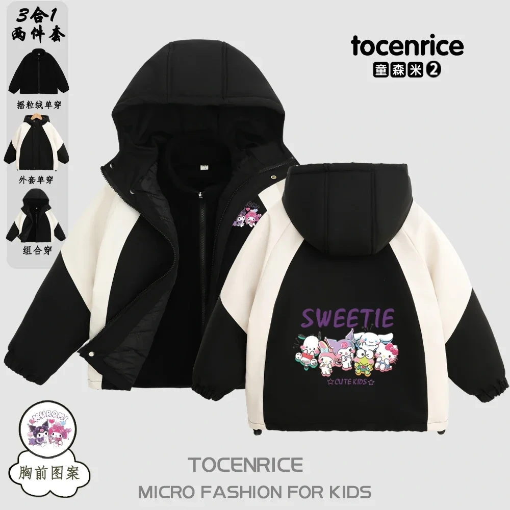 Cute Cartoon Kuromi Interchange Jacket 3-in-1 Winter Jacket Hooded Coat Boys Girls Blazer Windproof Sweet Coats Windbreaker