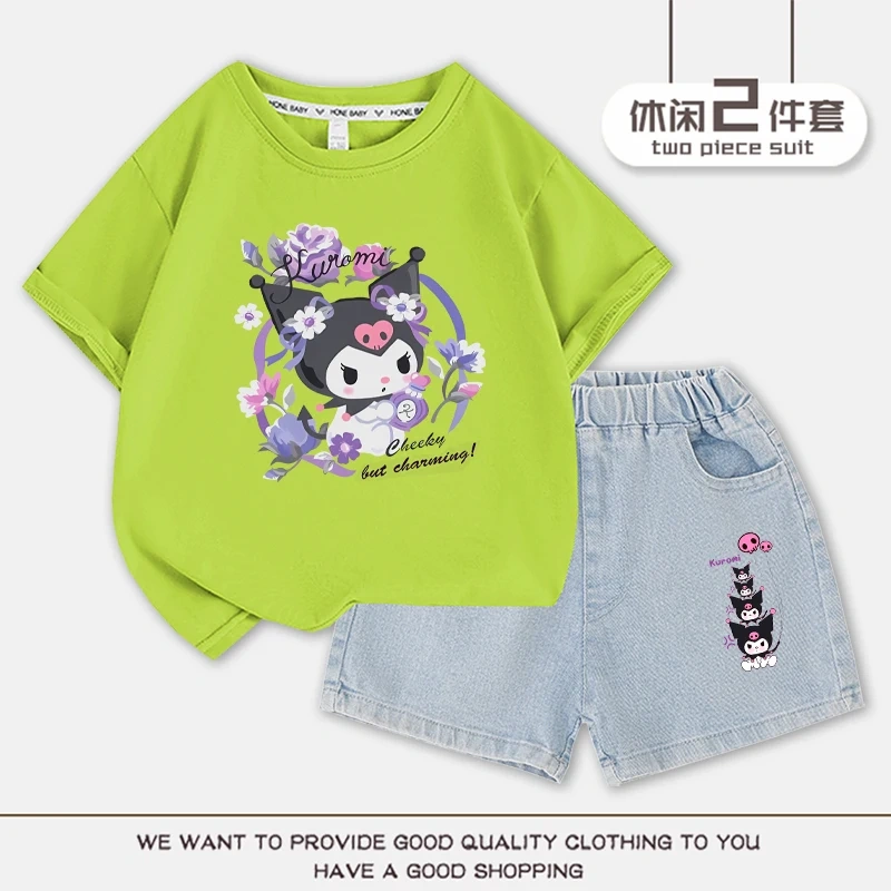 2023 Anime Kuromi Summer Children Suits Girls Short Sleeve Sets Baby T-Shirts+Shorts 2 Piece Gift Loose Casual Sleeve Shorts