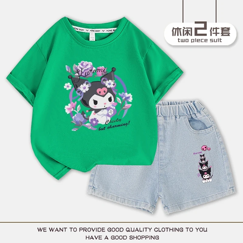 2023 Anime Kuromi Summer Children Suits Girls Short Sleeve Sets Baby T-Shirts+Shorts 2 Piece Gift Loose Casual Sleeve Shorts