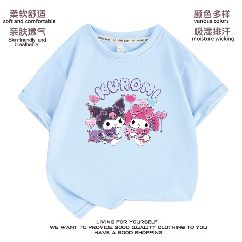 Anime Kuromi  Melody cartoon Summer Kids T-Shirt Kawaii Girls Tees Short Sleeve Boys Tops Casual Children Clothes