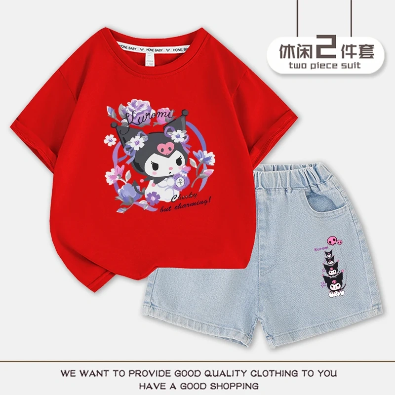 2023 Anime Kuromi Summer Children Suits Girls Short Sleeve Sets Baby T-Shirts+Shorts 2 Piece Gift Loose Casual Sleeve Shorts