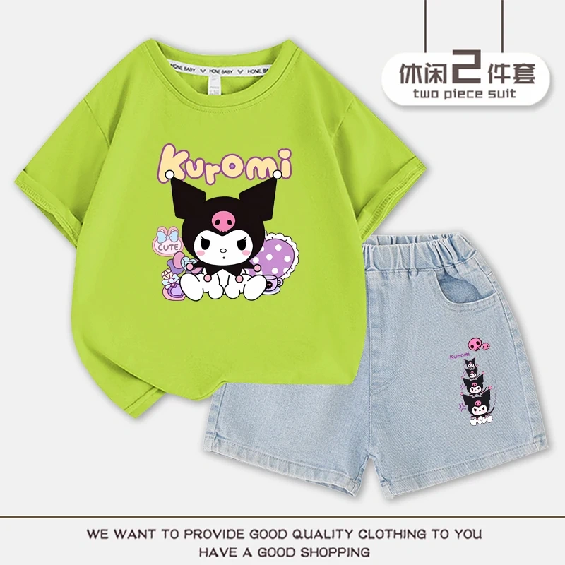 2023 Anime Kuromi Summer Children Suits Girls Short Sleeve Sets Baby T-Shirts+Shorts 2 Piece Gift Loose Casual Sleeve Shorts