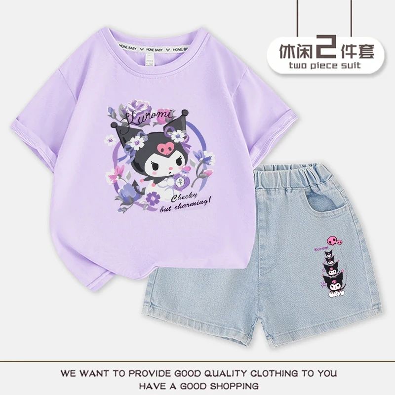 2023 Anime Kuromi Summer Children Suits Girls Short Sleeve Sets Baby T-Shirts+Shorts 2 Piece Gift Loose Casual Sleeve Shorts