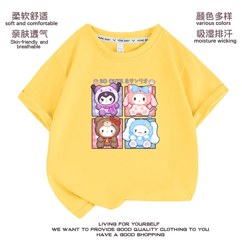 Anime cartoon My Melody  Cinnamoroll Kuromi Purin Dog Children Cotton T-shirt Cute Cartoon Summer Loose Multi Color Short Sleeve