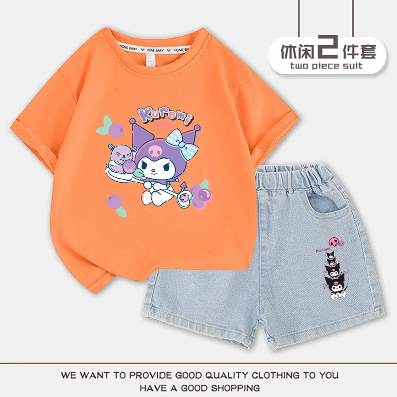 Cartoon Cute Kuromi Children T-shirt Denim Shorts Set Kawaii Summer Cotton Short Sleeve Top 2Pcs/sets T-Shirt Shorts