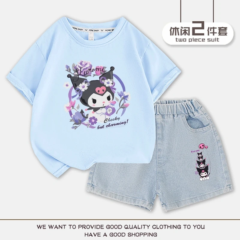 2023 Anime Kuromi Summer Children Suits Girls Short Sleeve Sets Baby T-Shirts+Shorts 2 Piece Gift Loose Casual Sleeve Shorts