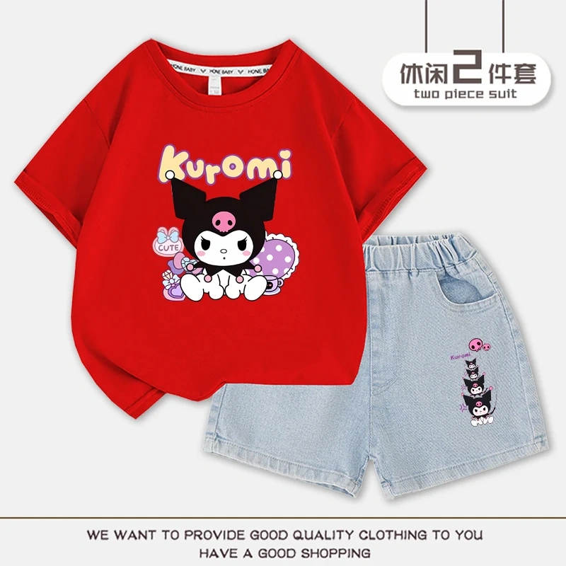 2023 Anime Kuromi Summer Children Suits Girls Short Sleeve Sets Baby T-Shirts+Shorts 2 Piece Gift Loose Casual Sleeve Shorts