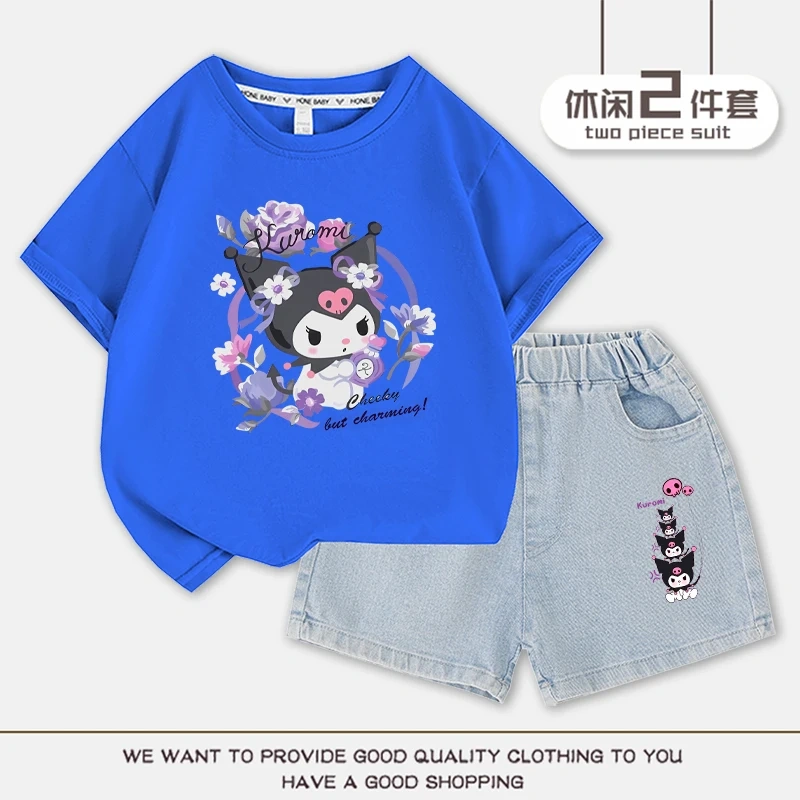 2023 Anime Kuromi Summer Children Suits Girls Short Sleeve Sets Baby T-Shirts+Shorts 2 Piece Gift Loose Casual Sleeve Shorts