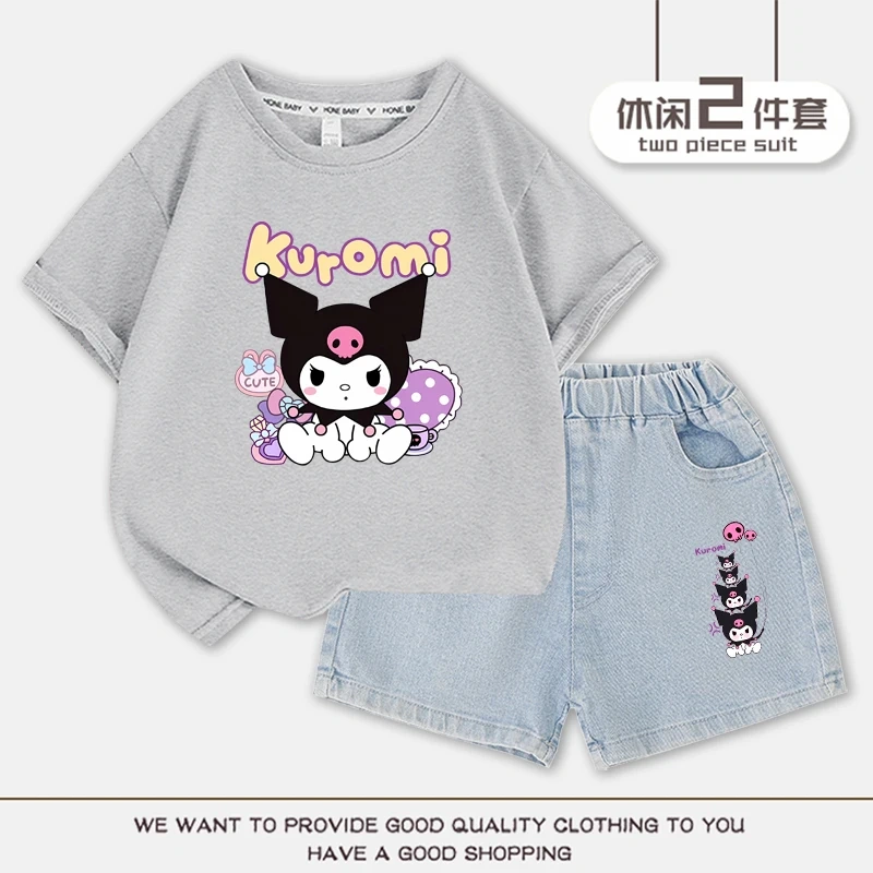 2023 Anime Kuromi Summer Children Suits Girls Short Sleeve Sets Baby T-Shirts+Shorts 2 Piece Gift Loose Casual Sleeve Shorts