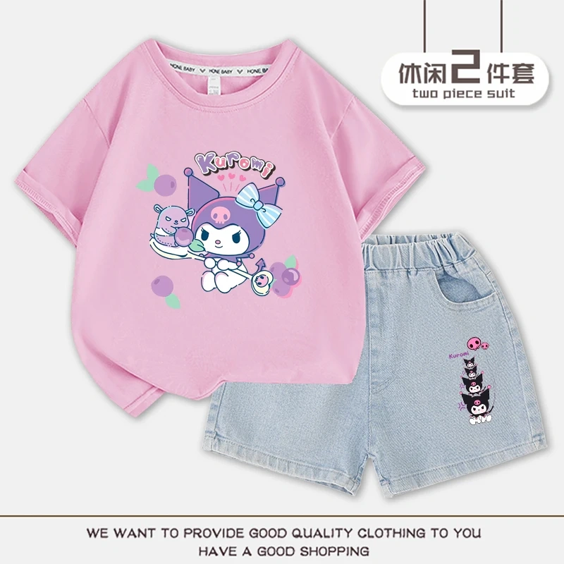 Cartoon Cute Kuromi Children T-shirt Denim Shorts Set Kawaii Summer Cotton Short Sleeve Top 2Pcs/sets T-Shirt Shorts