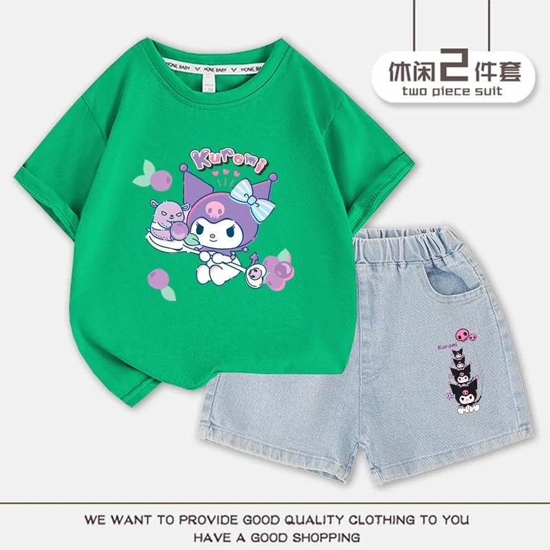 Cartoon Cute Kuromi Children T-shirt Denim Shorts Set Kawaii Summer Cotton Short Sleeve Top 2Pcs/sets T-Shirt Shorts