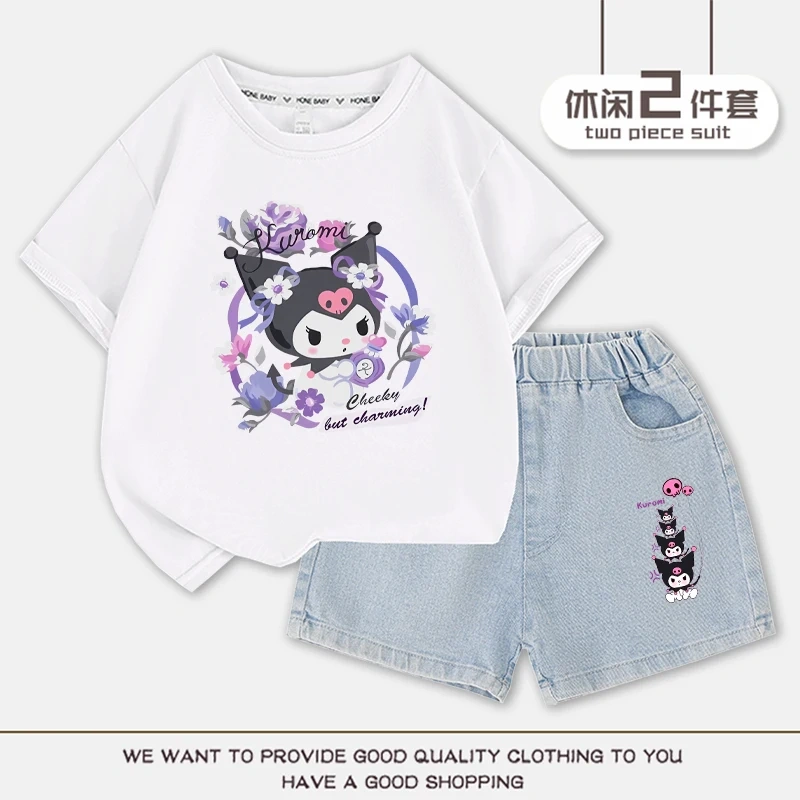2023 Anime Kuromi Summer Children Suits Girls Short Sleeve Sets Baby T-Shirts+Shorts 2 Piece Gift Loose Casual Sleeve Shorts