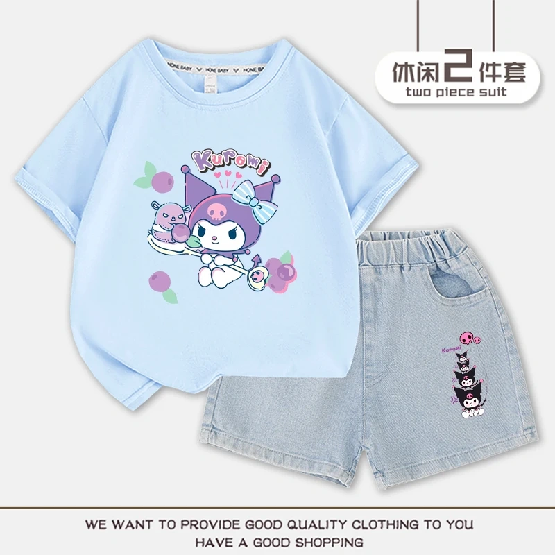 Cartoon Cute Kuromi Children T-shirt Denim Shorts Set Kawaii Summer Cotton Short Sleeve Top 2Pcs/sets T-Shirt Shorts