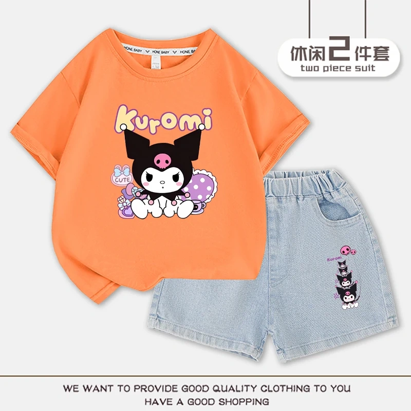 2023 Anime Kuromi Summer Children Suits Girls Short Sleeve Sets Baby T-Shirts+Shorts 2 Piece Gift Loose Casual Sleeve Shorts