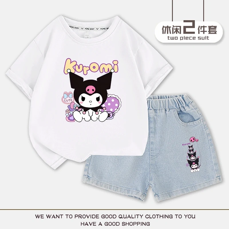 2023 Anime Kuromi Summer Children Suits Girls Short Sleeve Sets Baby T-Shirts+Shorts 2 Piece Gift Loose Casual Sleeve Shorts