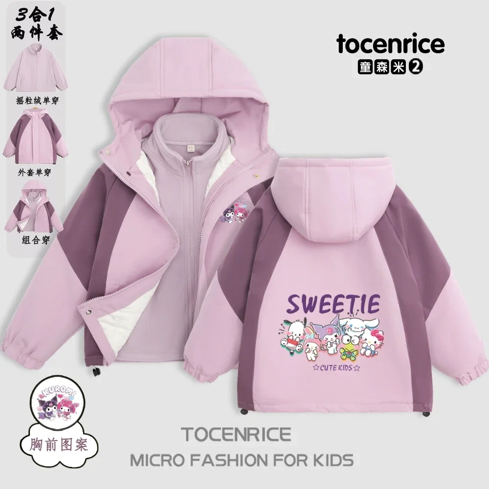 Cute Cartoon Kuromi Interchange Jacket 3-in-1 Winter Jacket Hooded Coat Boys Girls Blazer Windproof Sweet Coats Windbreaker