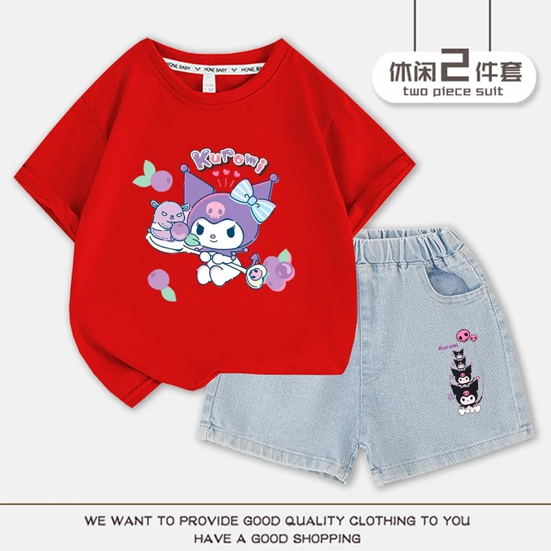 Cartoon Cute Kuromi Children T-shirt Denim Shorts Set Kawaii Summer Cotton Short Sleeve Top 2Pcs/sets T-Shirt Shorts