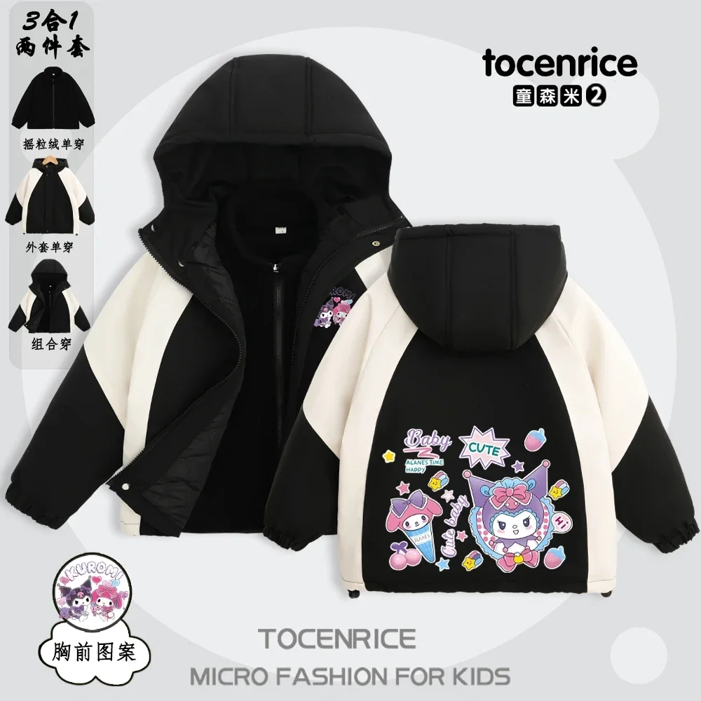 Cute Cartoon Kuromi Interchange Jacket 3-in-1 Winter Jacket Hooded Coat Boys Girls Blazer Windproof Sweet Coats Windbreaker