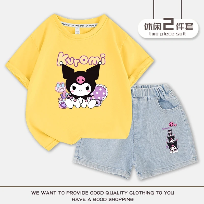 2023 Anime Kuromi Summer Children Suits Girls Short Sleeve Sets Baby T-Shirts+Shorts 2 Piece Gift Loose Casual Sleeve Shorts