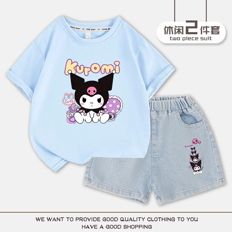2023 Anime Kuromi Summer Children Suits Girls Short Sleeve Sets Baby T-Shirts+Shorts 2 Piece Gift Loose Casual Sleeve Shorts