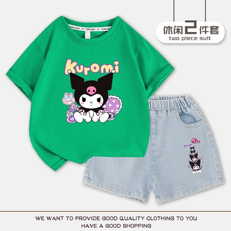 2023 Anime Kuromi Summer Children Suits Girls Short Sleeve Sets Baby T-Shirts+Shorts 2 Piece Gift Loose Casual Sleeve Shorts