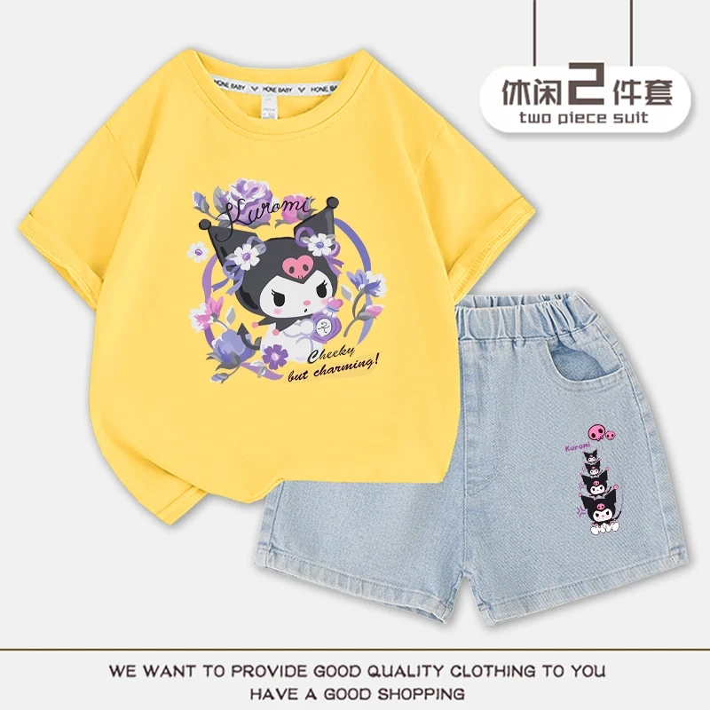 2023 Anime Kuromi Summer Children Suits Girls Short Sleeve Sets Baby T-Shirts+Shorts 2 Piece Gift Loose Casual Sleeve Shorts