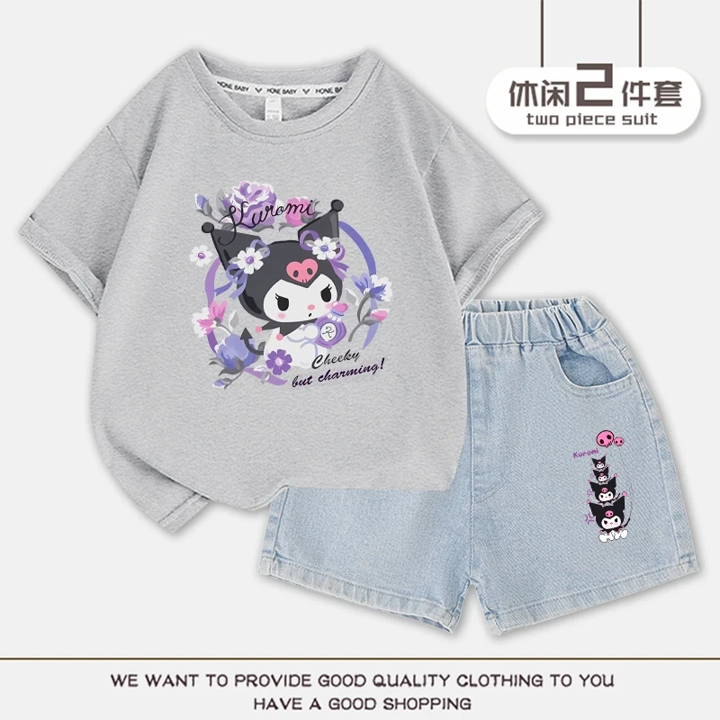 2023 Anime Kuromi Summer Children Suits Girls Short Sleeve Sets Baby T-Shirts+Shorts 2 Piece Gift Loose Casual Sleeve Shorts