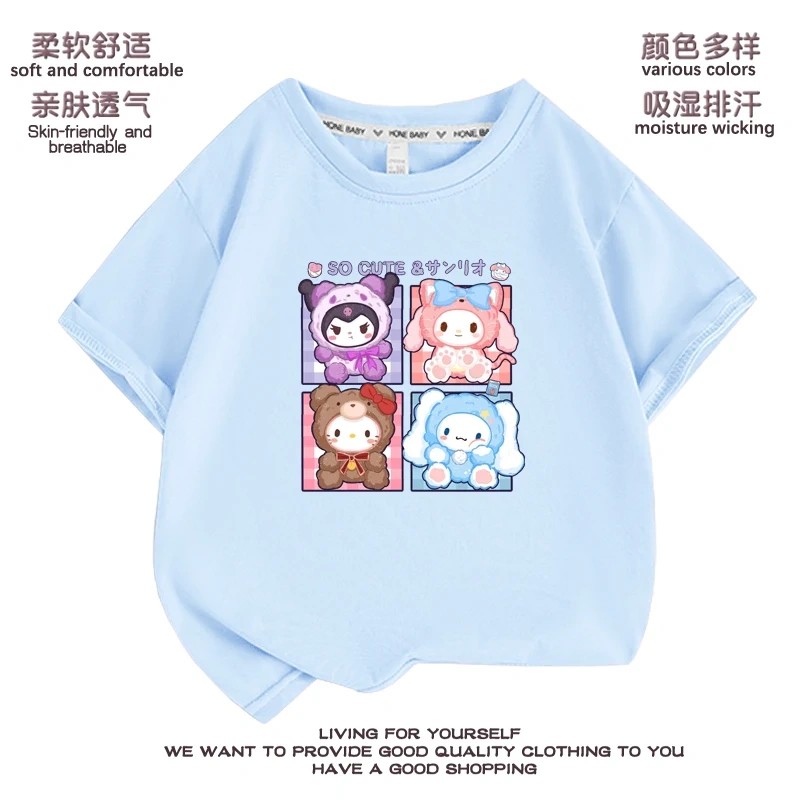 Anime cartoon My Melody  Cinnamoroll Kuromi Purin Dog Children Cotton T-shirt Cute Cartoon Summer Loose Multi Color Short Sleeve
