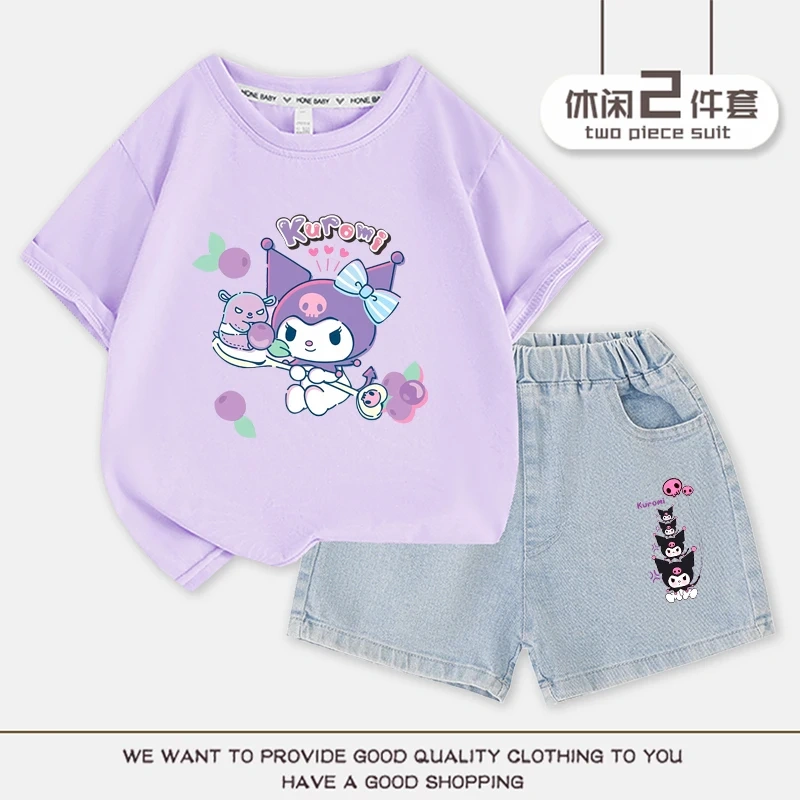 Cartoon Cute Kuromi Children T-shirt Denim Shorts Set Kawaii Summer Cotton Short Sleeve Top 2Pcs/sets T-Shirt Shorts