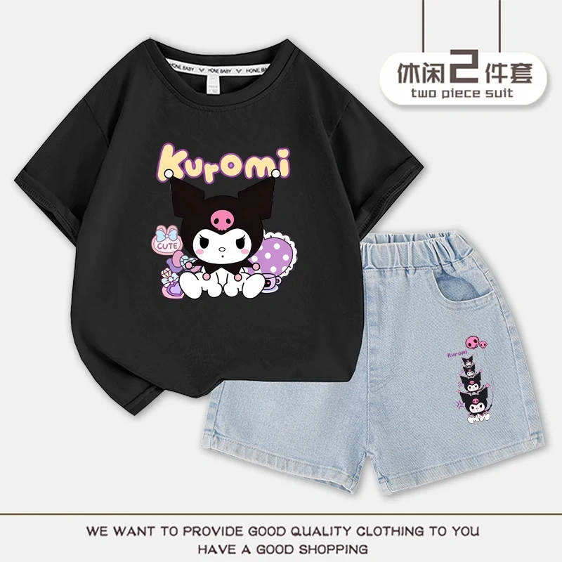 2023 Anime Kuromi Summer Children Suits Girls Short Sleeve Sets Baby T-Shirts+Shorts 2 Piece Gift Loose Casual Sleeve Shorts