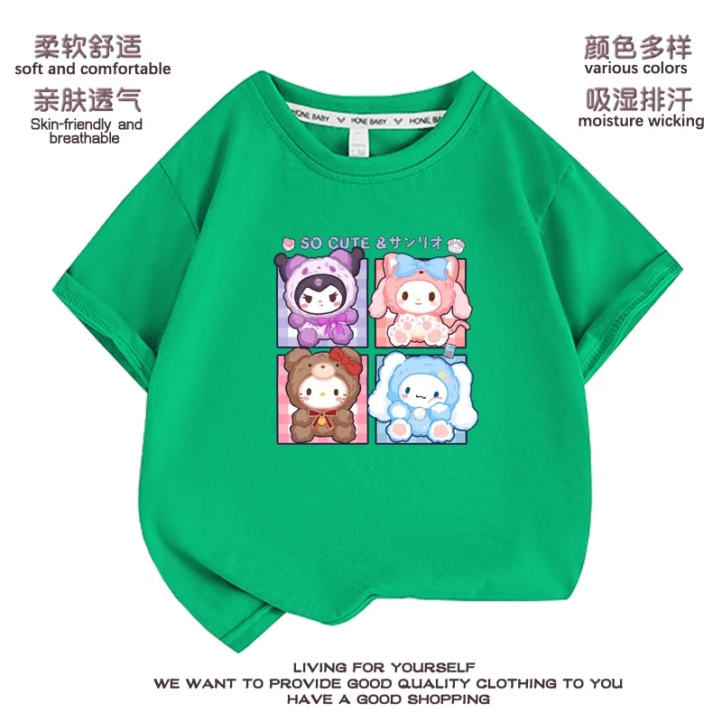 Anime cartoon My Melody  Cinnamoroll Kuromi Purin Dog Children Cotton T-shirt Cute Cartoon Summer Loose Multi Color Short Sleeve