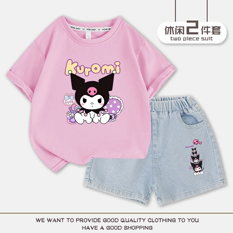 2023 Anime Kuromi Summer Children Suits Girls Short Sleeve Sets Baby T-Shirts+Shorts 2 Piece Gift Loose Casual Sleeve Shorts