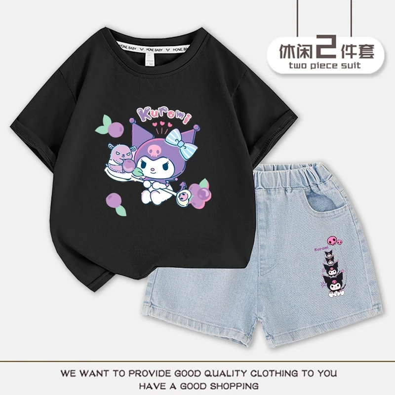 Cartoon Cute Kuromi Children T-shirt Denim Shorts Set Kawaii Summer Cotton Short Sleeve Top 2Pcs/sets T-Shirt Shorts