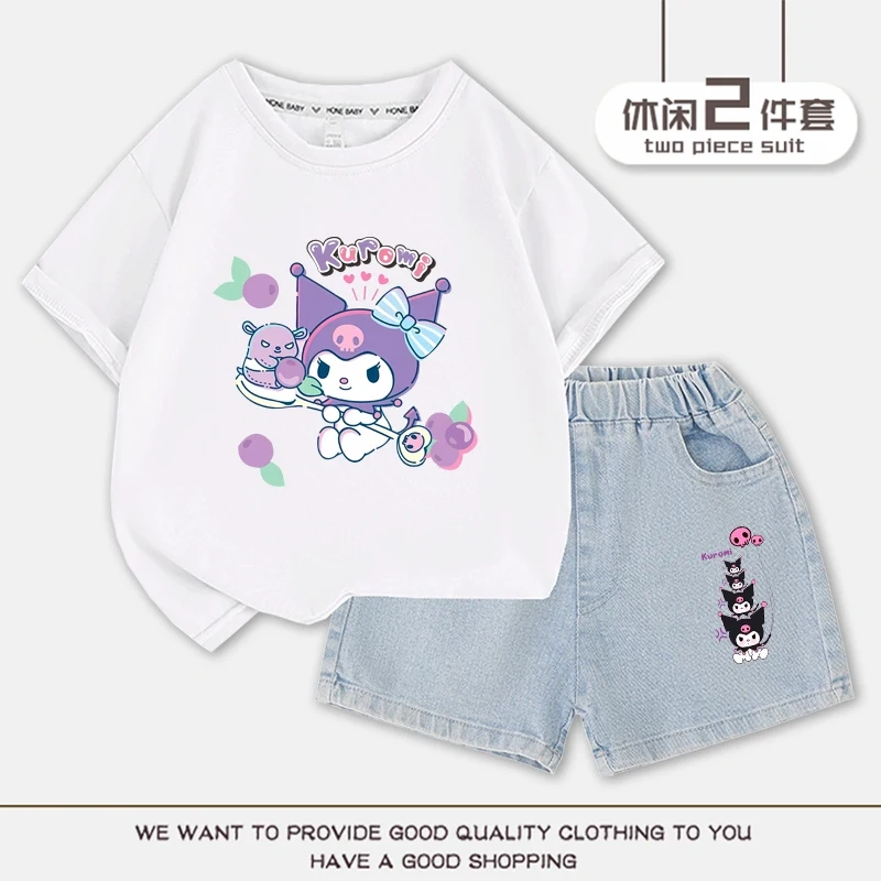 Cartoon Cute Kuromi Children T-shirt Denim Shorts Set Kawaii Summer Cotton Short Sleeve Top 2Pcs/sets T-Shirt Shorts