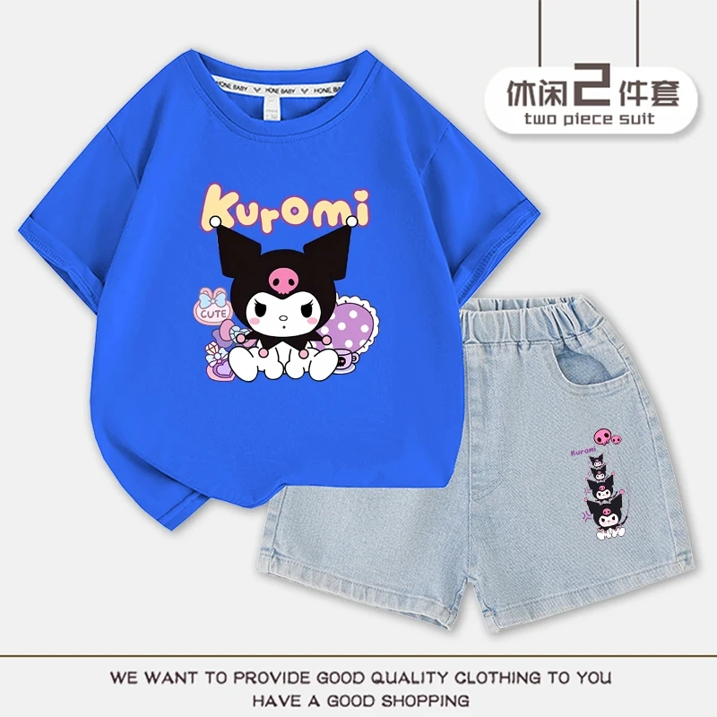 2023 Anime Kuromi Summer Children Suits Girls Short Sleeve Sets Baby T-Shirts+Shorts 2 Piece Gift Loose Casual Sleeve Shorts