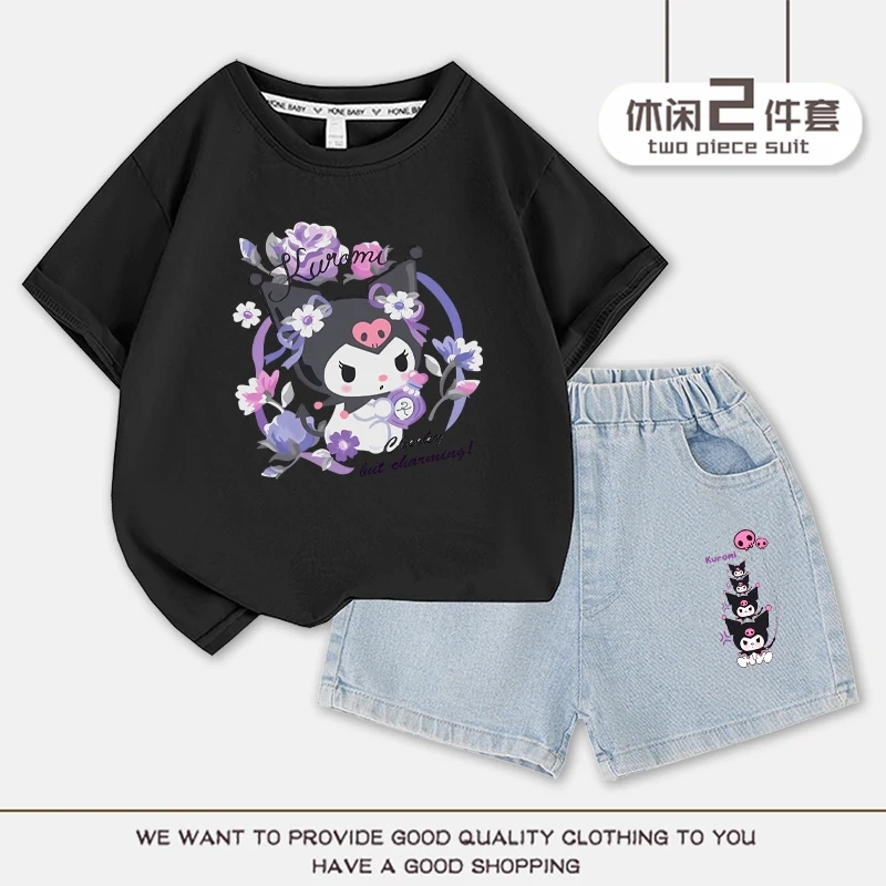 2023 Anime Kuromi Summer Children Suits Girls Short Sleeve Sets Baby T-Shirts+Shorts 2 Piece Gift Loose Casual Sleeve Shorts