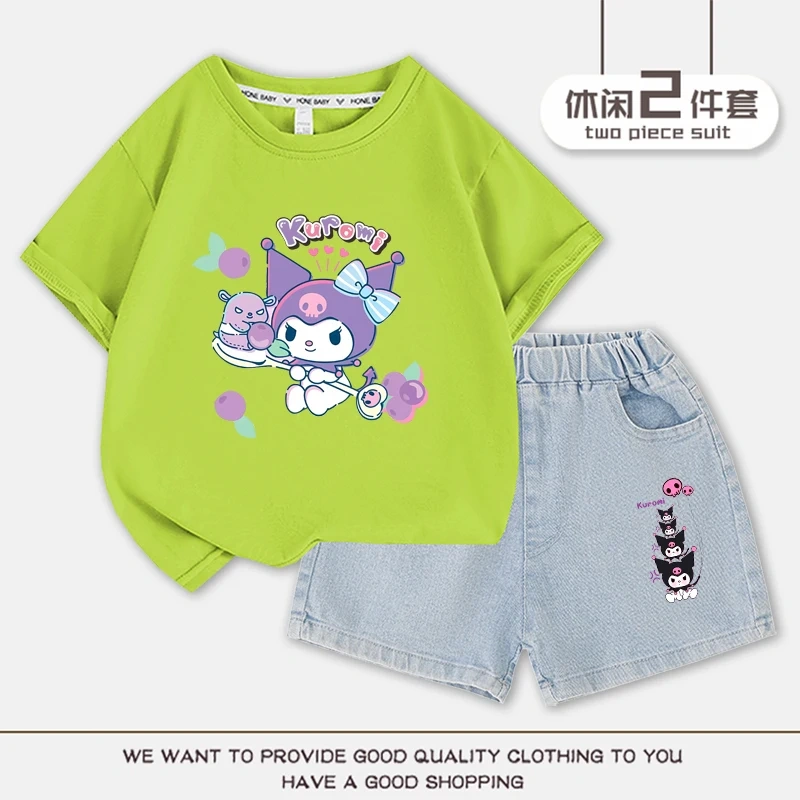 Cartoon Cute Kuromi Children T-shirt Denim Shorts Set Kawaii Summer Cotton Short Sleeve Top 2Pcs/sets T-Shirt Shorts