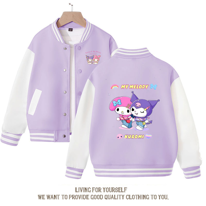 Autumn Student Baseball Uniform Kawaii Anime Sanrio Kuromi My Melody Printed Jacket Cute Girl Preppy Coat Children's Clothing