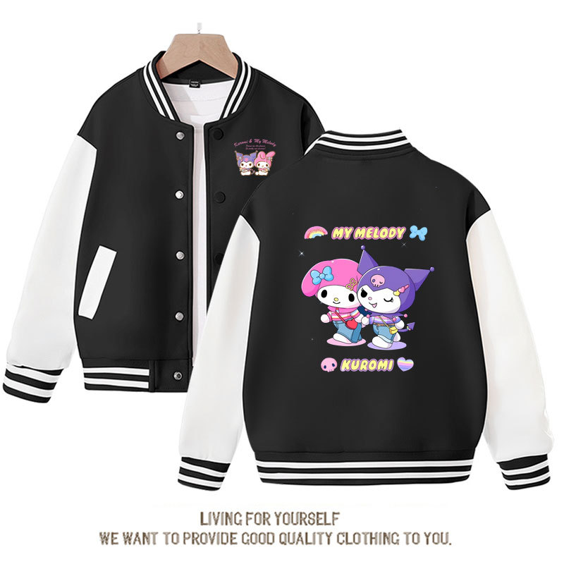 Autumn Student Baseball Uniform Kawaii Anime Sanrio Kuromi My Melody Printed Jacket Cute Girl Preppy Coat Children's Clothing