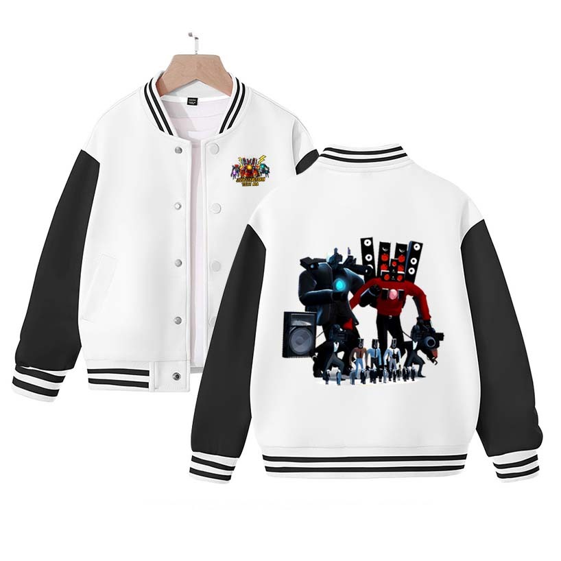 New Cool Skibidi Toilet Titan ClockMan Print Baseball Uniform Autumn Winter Velvet Children's Loose Sports Jacket Birthday Gift