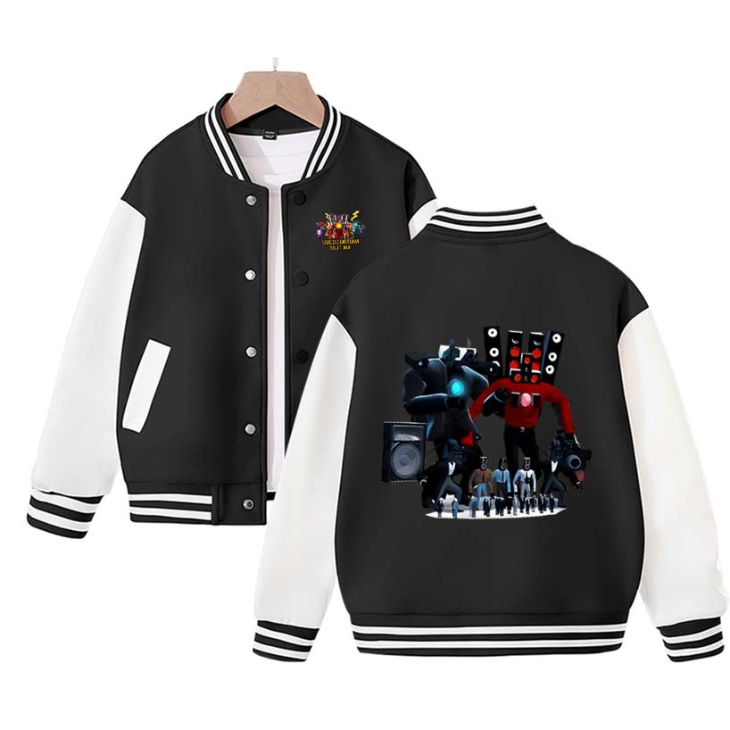 New Cool Skibidi Toilet Titan ClockMan Print Baseball Uniform Autumn Winter Velvet Children's Loose Sports Jacket Birthday Gift