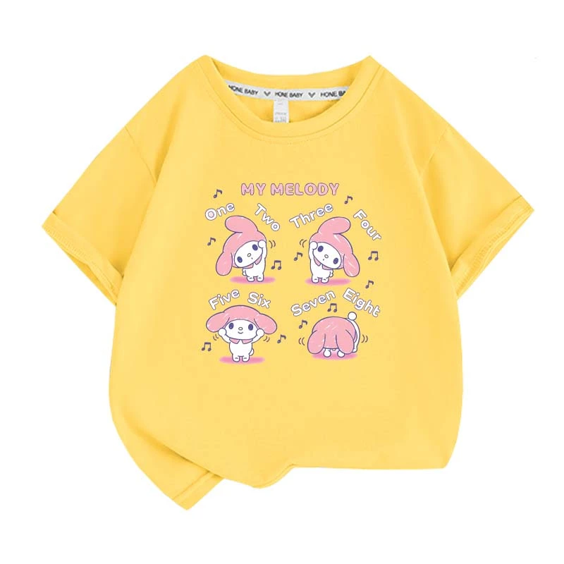 Sanrios Kawaii Anime My Melody Cute Cartoon Short Sleeve Girls T-Shirt New Summer Cotton Kids Loose Top Birthday Gift