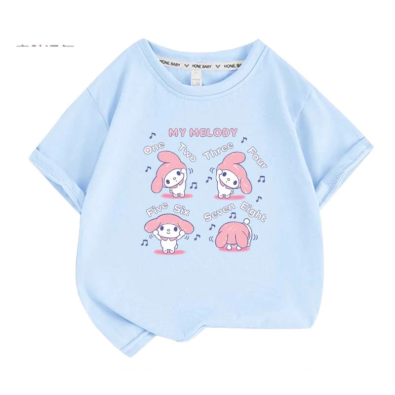 Sanrios Kawaii Anime My Melody Cute Cartoon Short Sleeve Girls T-Shirt New Summer Cotton Kids Loose Top Birthday Gift