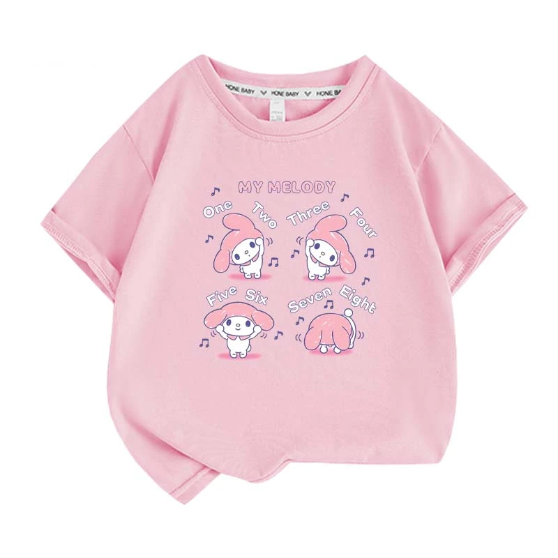 Sanrios Kawaii Anime My Melody Cute Cartoon Short Sleeve Girls T-Shirt New Summer Cotton Kids Loose Top Birthday Gift